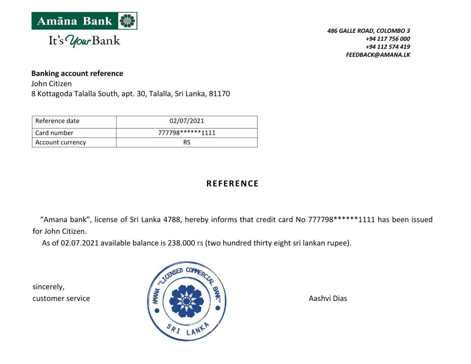 Download Sri Lanka Amana Bank Reference Letter Templates | Editable Word