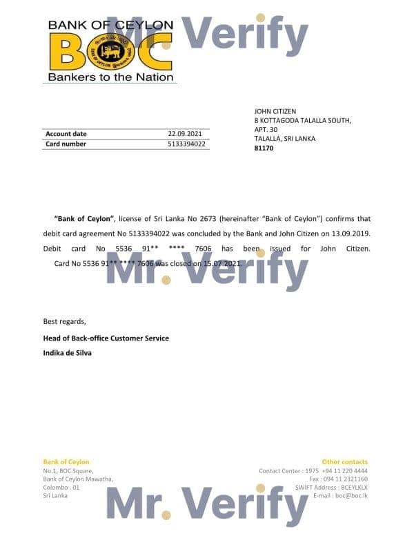 Download Sri Lanka BOC Bank Reference Letter Templates | Editable Word