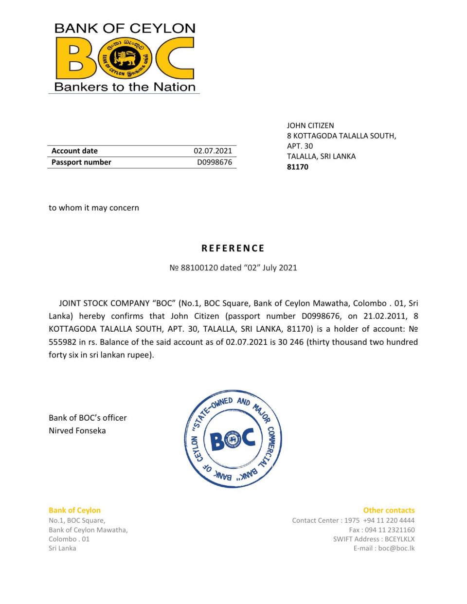 Download Sri Lanka BOC Bank Reference Letter Templates | Editable Word