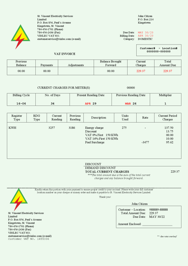 Saint Vincent and the Grenadines St. Vincent Electricity Services Limited utility bill Word and PDF template