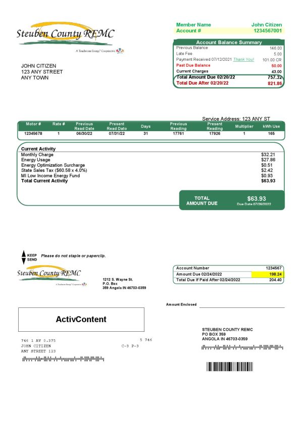 USA Steuben Country REMC utility bill template in Word and PDF format