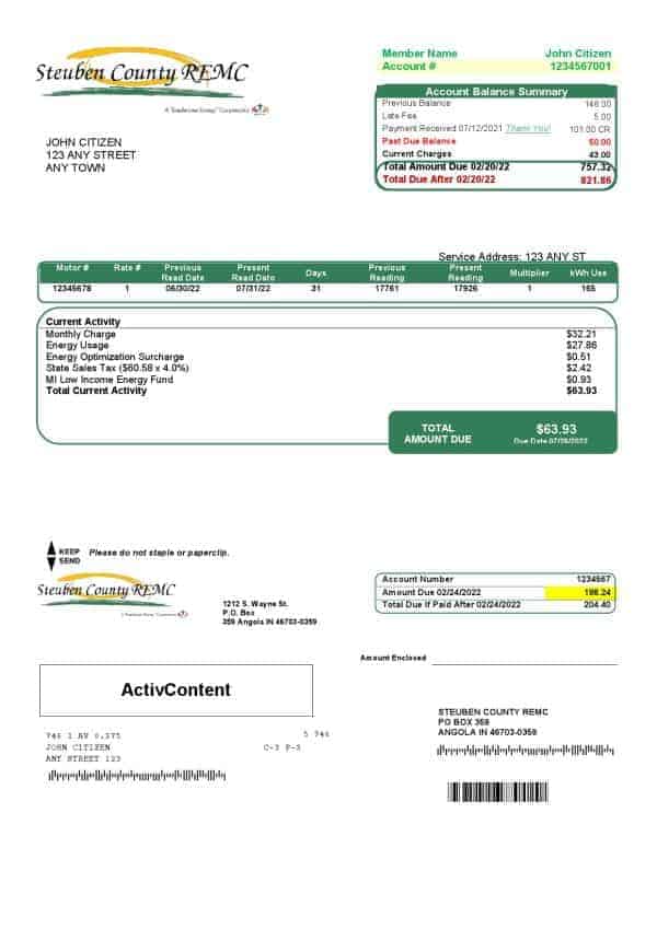 USA Steuben Country REMC utility bill template in Word and PDF format