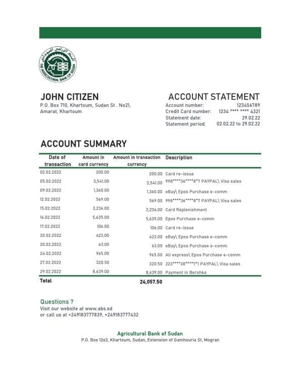 Sudan Agricultural Bank of Sudan bank statement, Excel and PDF template