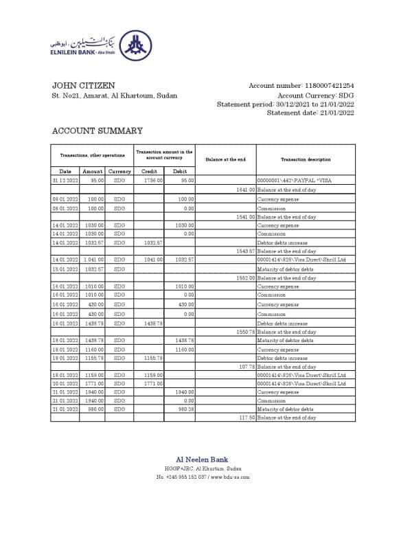 Sudan Al Neelen Bank statement, Excel and PDF template