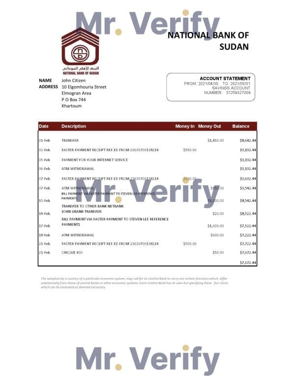 Sudan National Bank of Sudan bank statement easy to fill template in Excel and PDF format