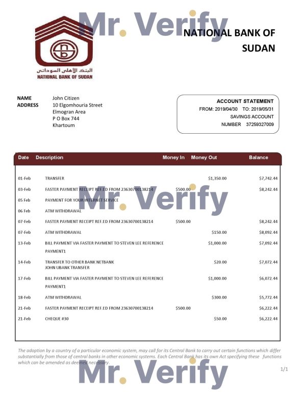 Sudan National Bank of Sudan bank statement template in Word and PDF format