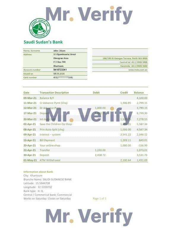 Sudan Saudi Sudanese Bank statement easy to fill template in .xls and .pdf file format