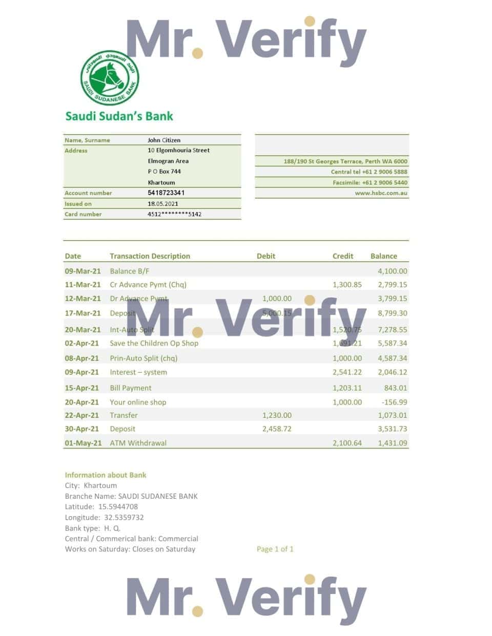 Sudan Saudi Sudanese Bank statement easy to fill template in .xls and .pdf file format