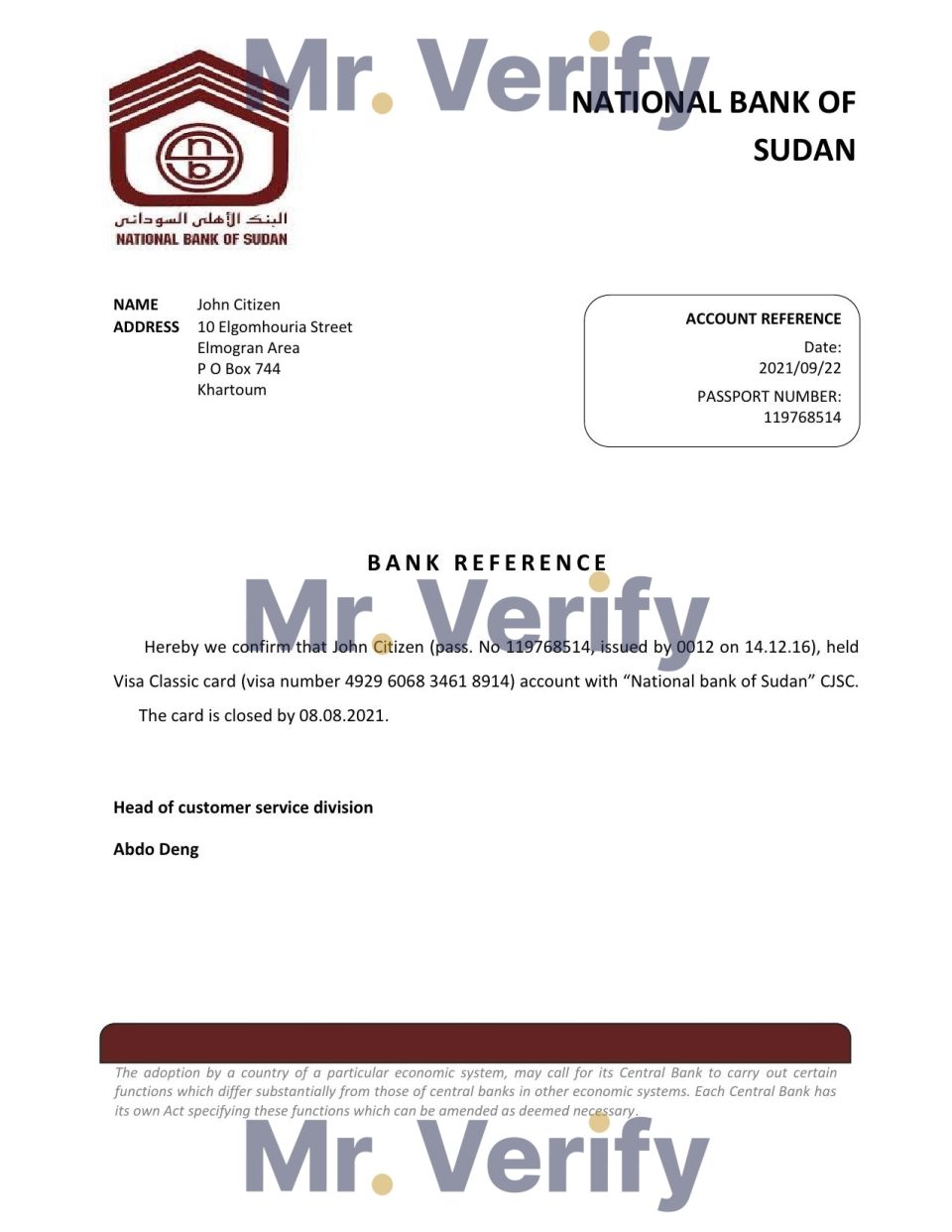 Download Sudan Nationa Bank Reference Letter Templates | Editable Word