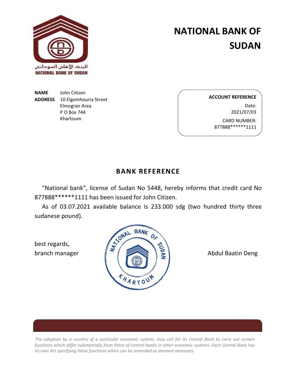 Download Sudan National Bank of Sudan Bank Reference Letter Templates | Editable Word