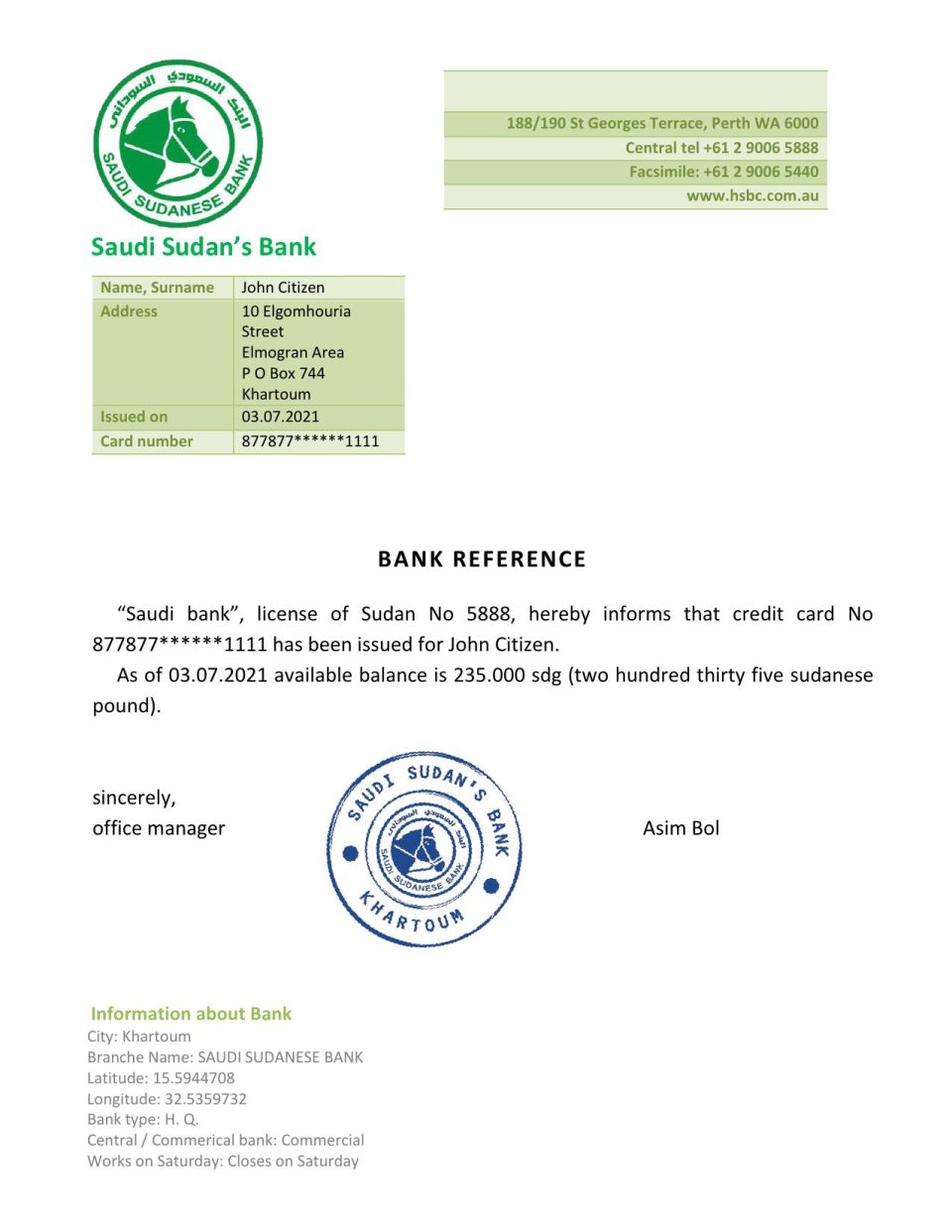 Download Sudan Saudi Sudan’s Bank Reference Letter Templates | Editable Word