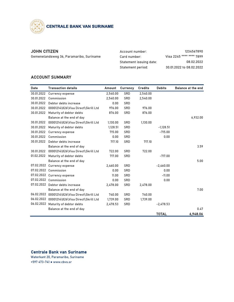 Suriname Centrale Bank Van Suriname bank statement, Excel and PDF template