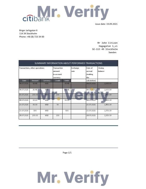 Sweden Citibank bank statement easy to fill template in Excel and PDF format