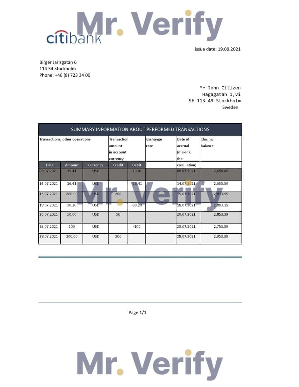 Sweden Citibank bank statement easy to fill template in Excel and PDF format