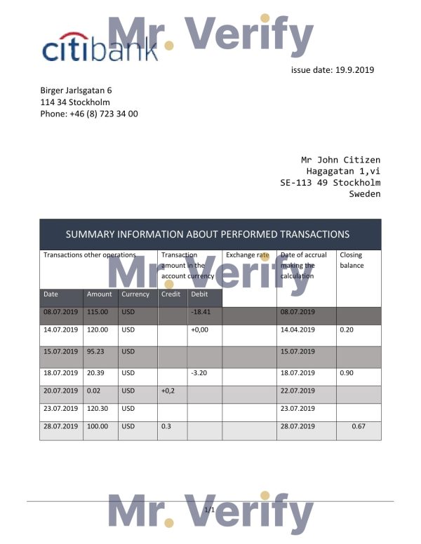 Sweden Citibank statement easy to fill template in .doc and .pdf format, fully editable