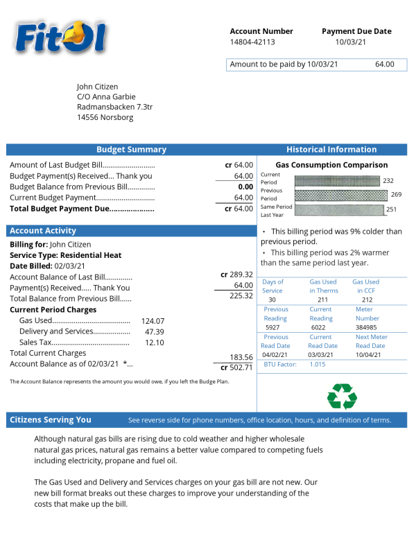 Sweden Fitol gas utility bill template in Word and PDF format