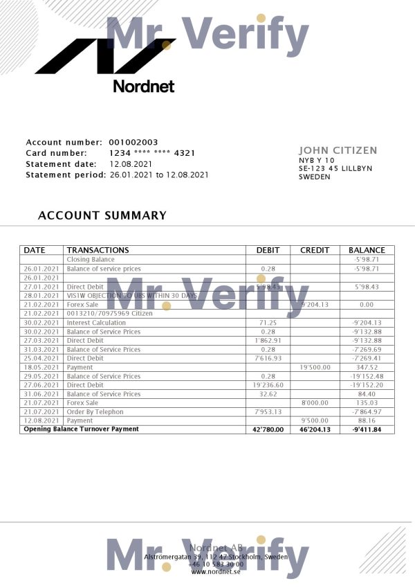 Sweden Nordnet AB bank statement easy to fill template in .doc and .pdf format, fully editable