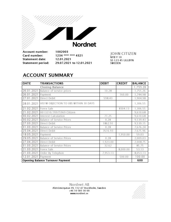 Sweden Nordnet AB bank statement easy to fill template in .xls and .pdf file format