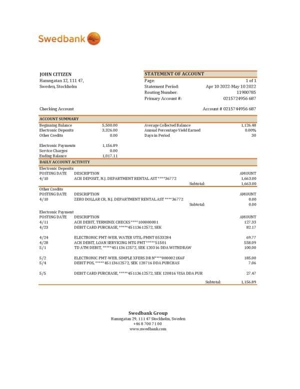 Sweden Swedbank bank statement, Excel and PDF template