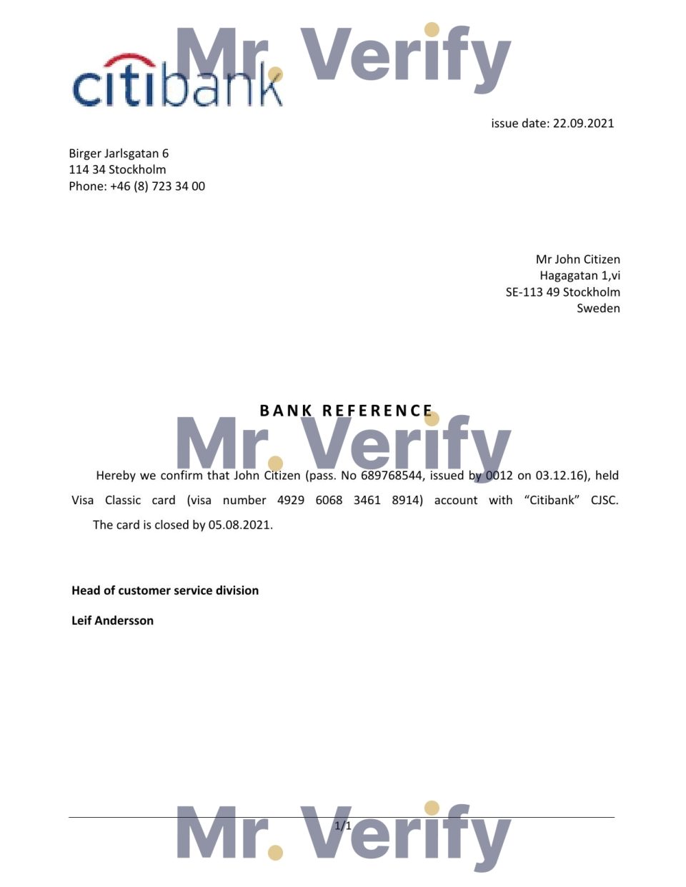 Download Sweden Citibank Bank Reference Letter Templates | Editable Word