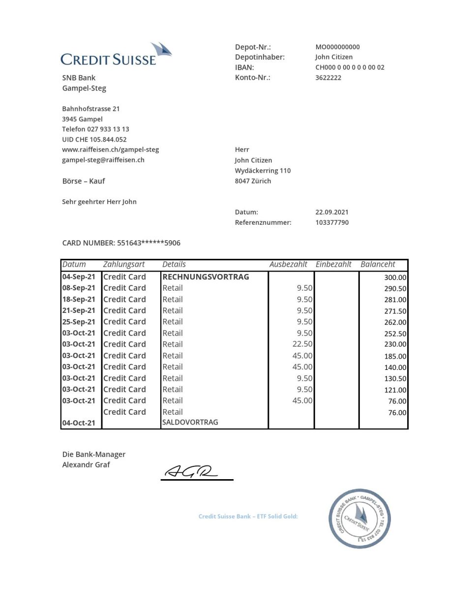 Switzerland Credit Suisse Bank statement easy to fill template in .xls and .pdf file format