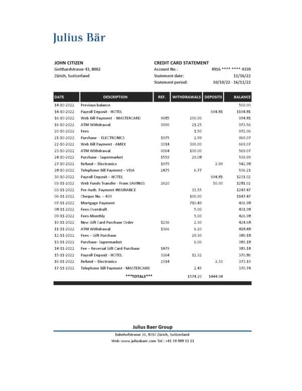 Switzerland Julius Bar bank statement, Excel and PDF template