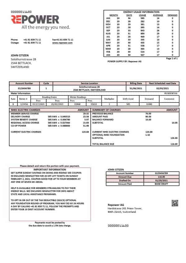Switzerland Repower AG utility bill template, fully editable in Word and PDF format