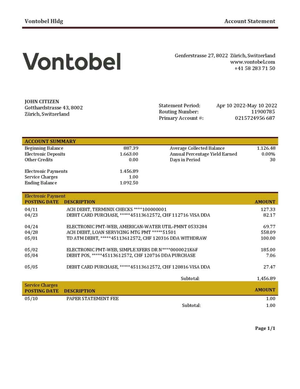 Switzerland Vontobel bank statement template in Word and PDF format