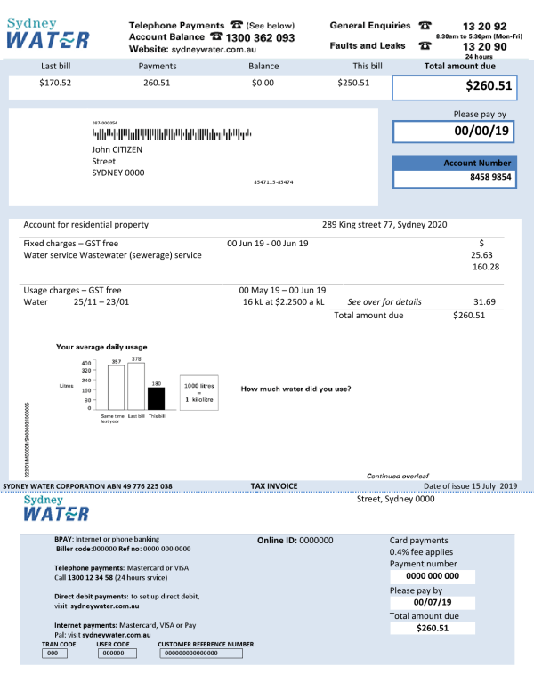 Australia Water Corporation WA utility bill .doc and .pdf template