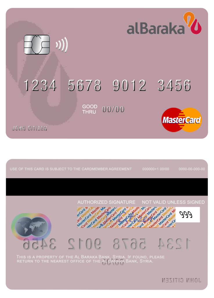 Editable Syria Al Baraka Bank mastercard Templates in PSD Format