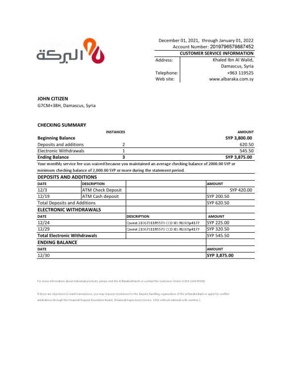 Syria Al Baraka bank statement, Excel and PDF template