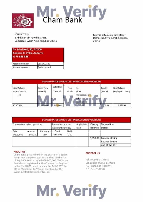 Syria Cham Bank proof of address statement template in Excel and PDF format, .xls and .pdf format