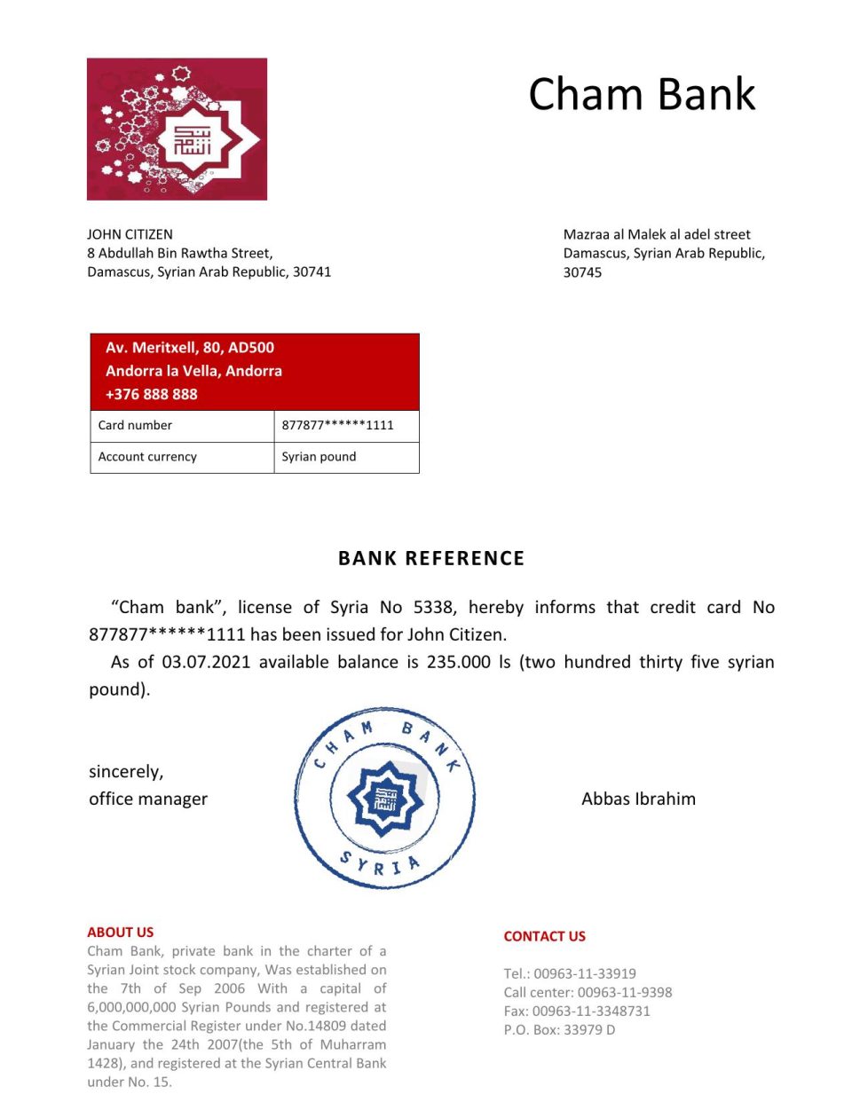 Download Syria Cham Bank Reference Letter Templates | Editable Word