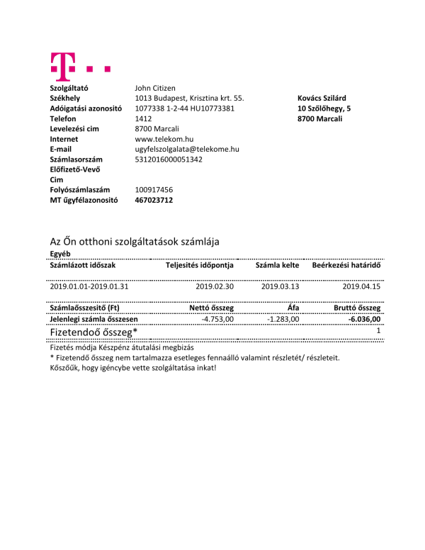 Hungary Magyartel utility bill template in Word and PDF format, fully editable