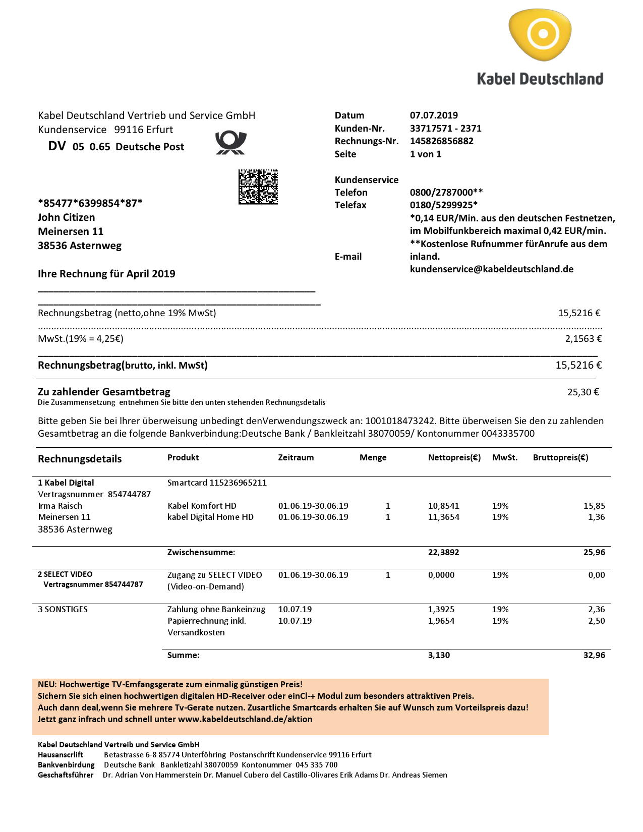 Germany TV Cabel utility bill template in Word and PDF format, fully editable