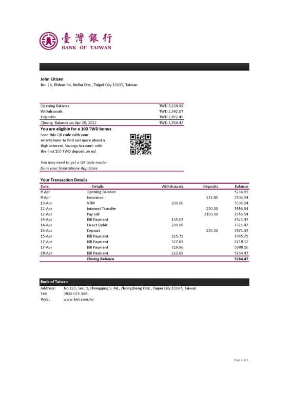 Taiwan Bank of Taiwan bank statement, Excel and PDF template
