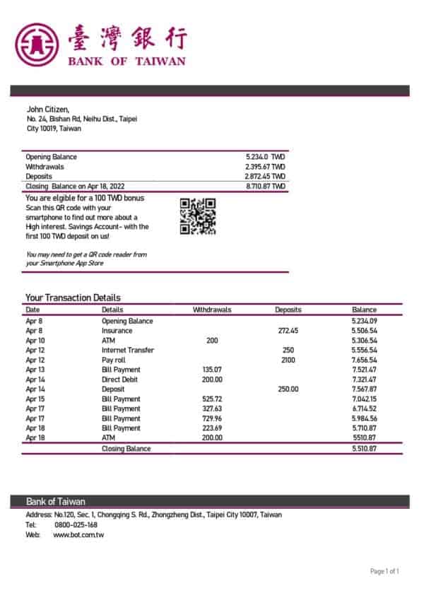 Taiwan Bank of Taiwan bank statement template in Word and PDF format