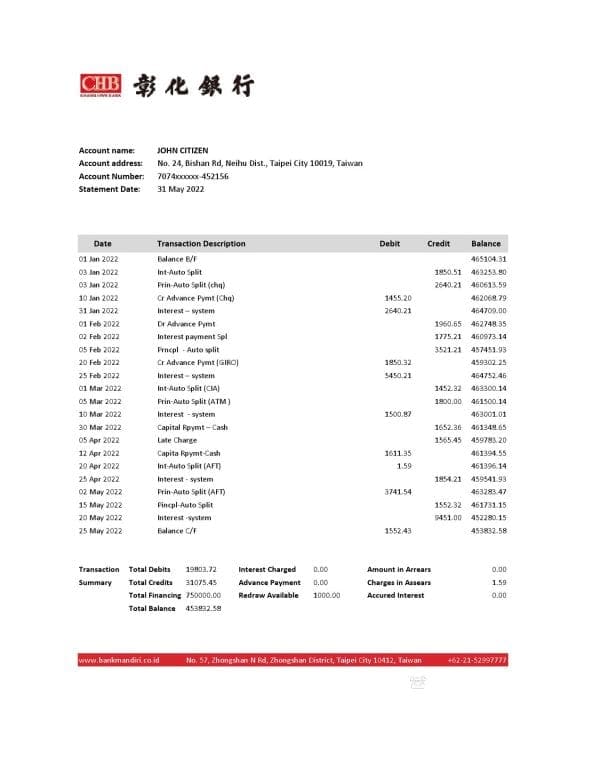 Taiwan Chang Hwa Bank statement, Excel and PDF template