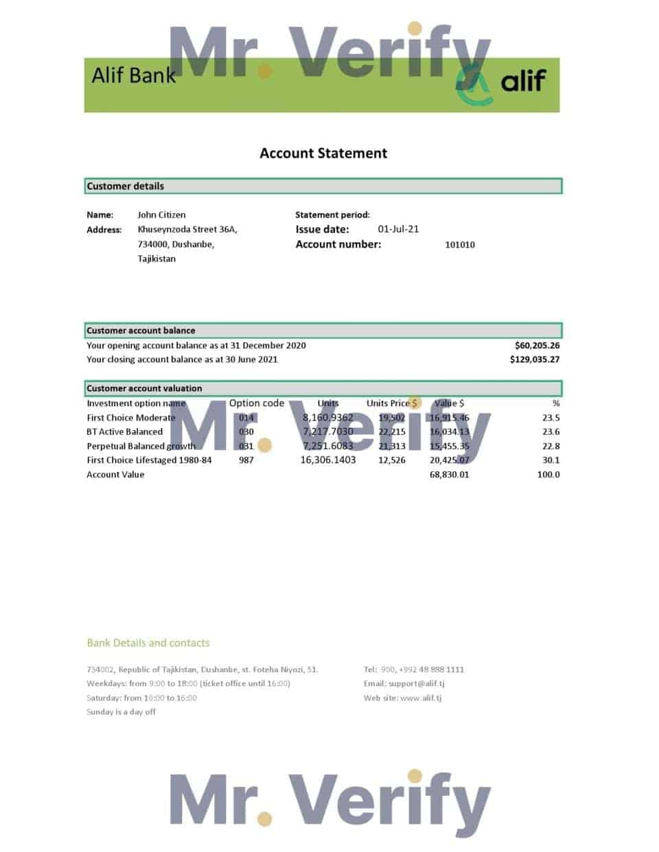 Tajikistan Alif Bank statement template in Excel and PDF format