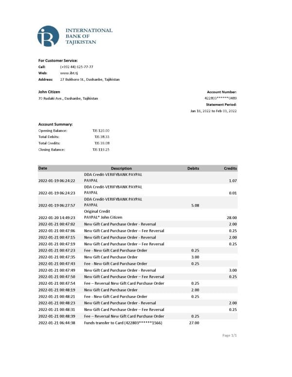 Tajikistan ITB bank statement, Excel and PDF template