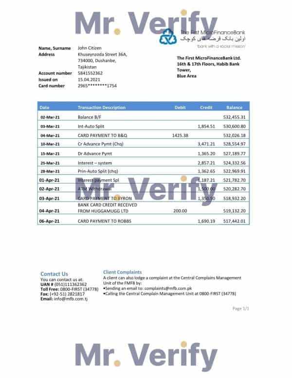 Tajikistan The First MicroFinance (FMFB) Bank statement template in .xls and .pdf file format