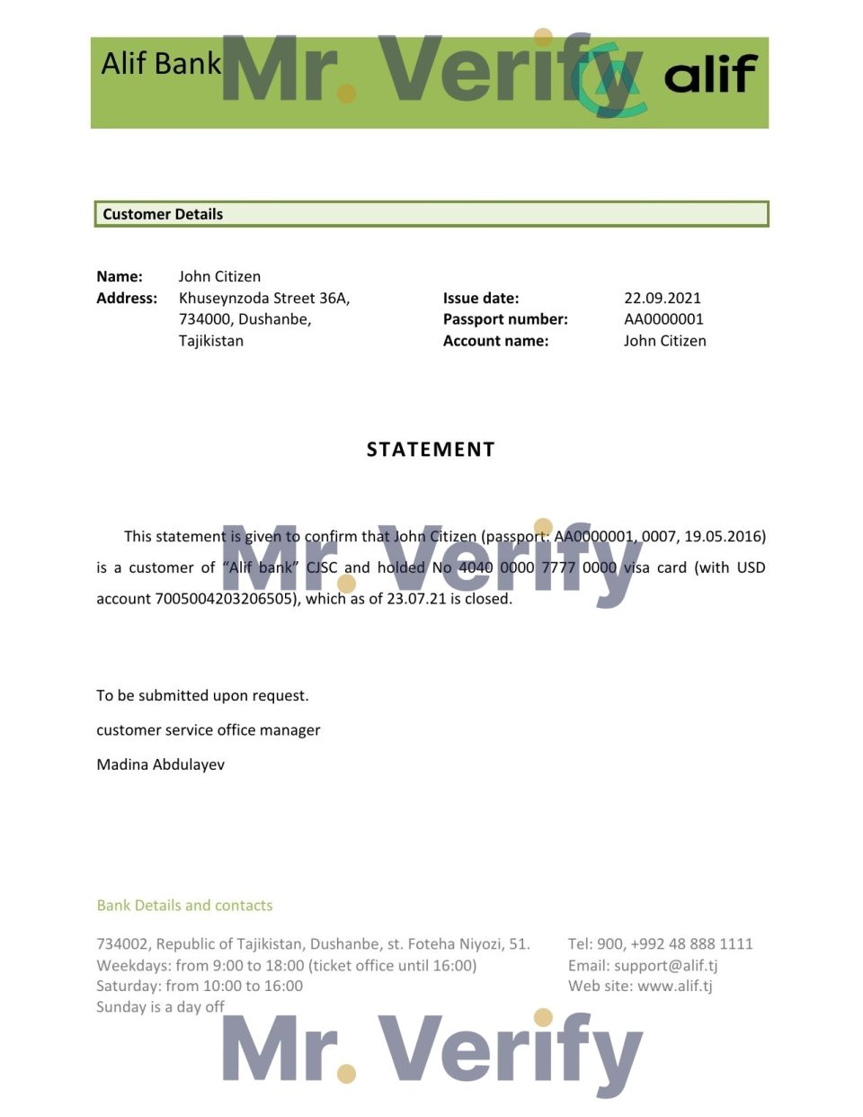 Download Tajikistan Alif Bank Reference Letter Templates | Editable Word