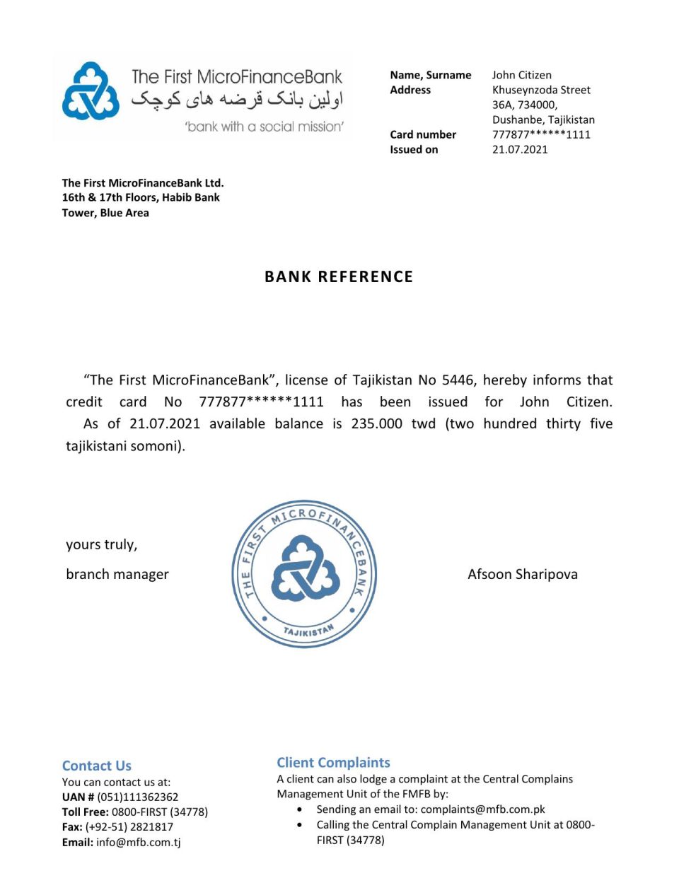 Download Tajikistan The First MicroFinanceBank Bank Reference Letter Templates | Editable Word