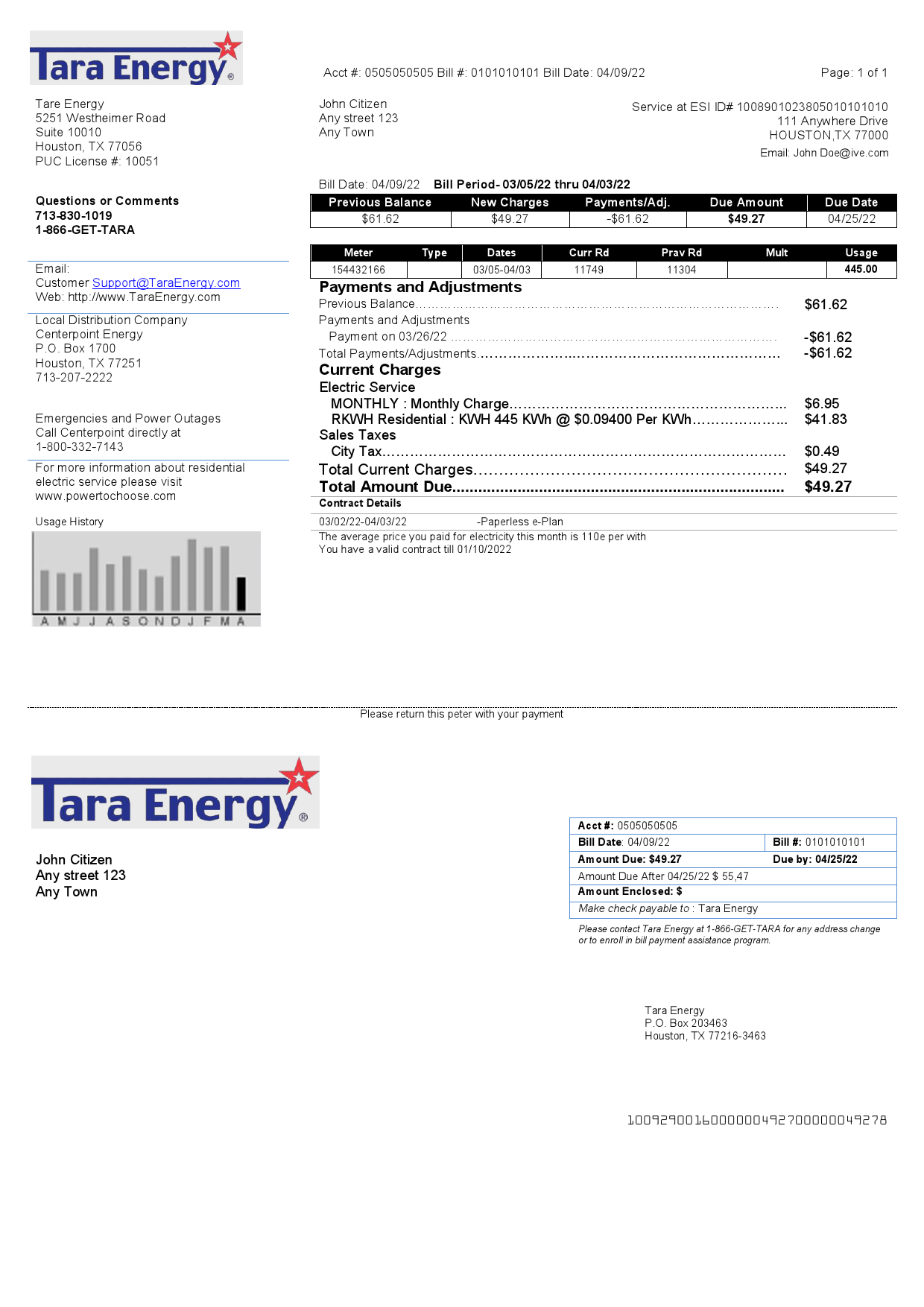 USA Texas Tara Energy utility bill template in Word and PDF format