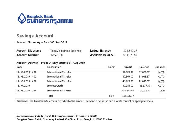 Thailand Bangkok Bank Savings Account statement template in Word and PDF format