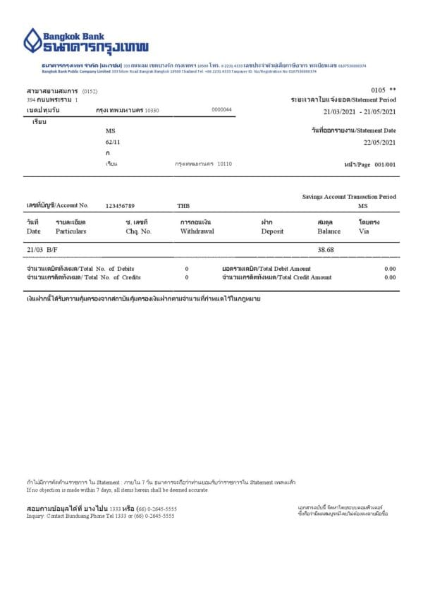 Thailand Bangkok bank account statement template in Word and PDF format