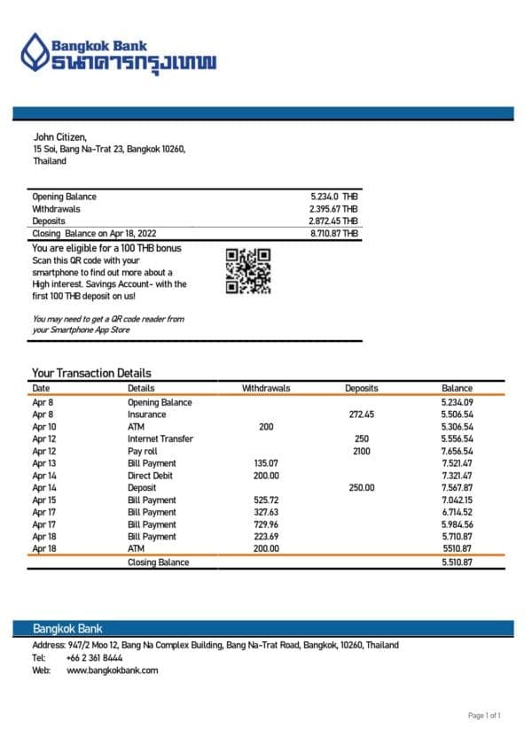 Thailand Bangkok Bank statement template in Word and PDF format, version 2