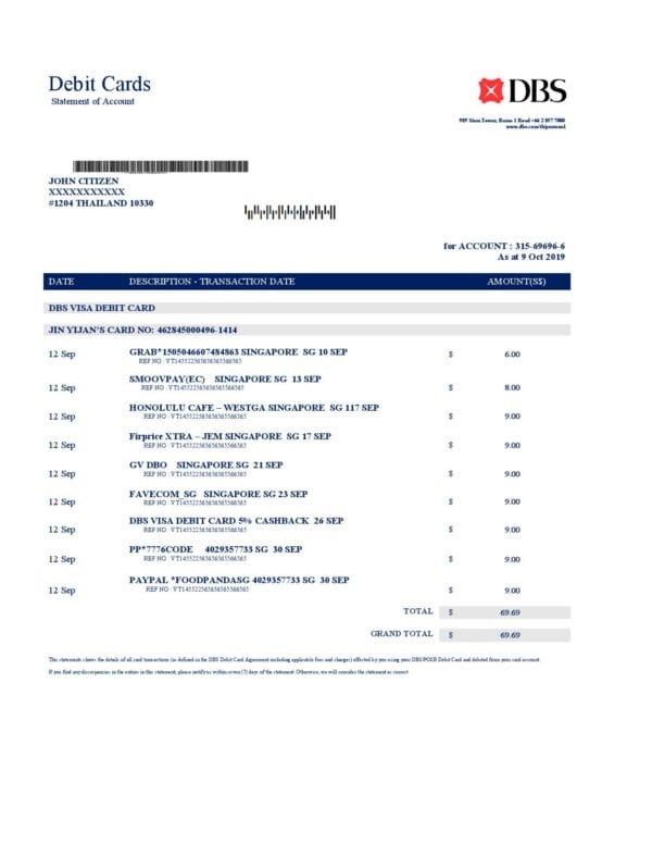 Singapore DBS bank proof of address statement template in .doc and .pdf format