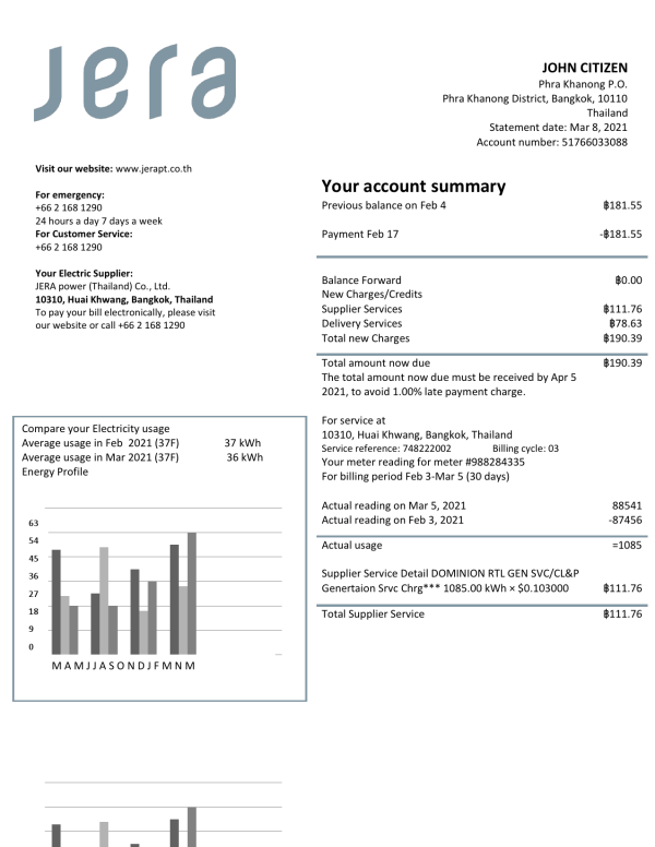 Thailand JERA power utility bill template in Word and PDF format
