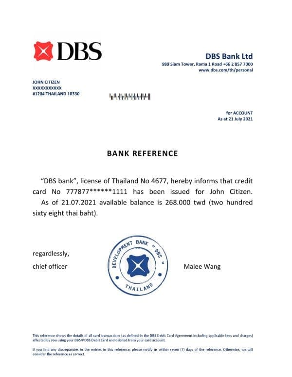 Download Thailand DBS Bank Reference Letter Templates | Editable Word